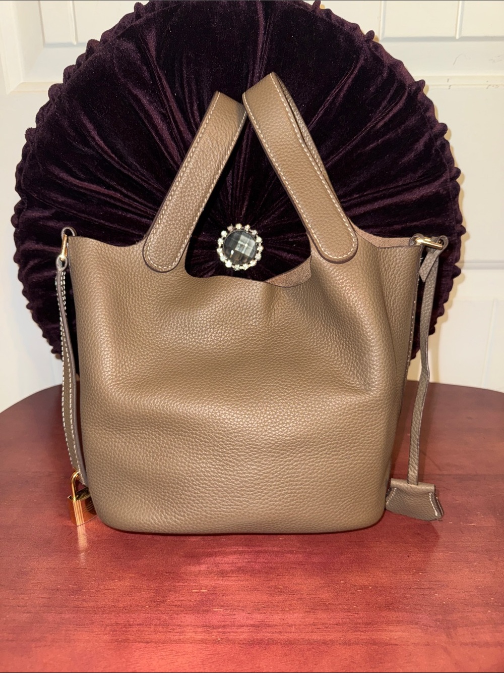 Taupe Leather Bucket Bag with Top Handles